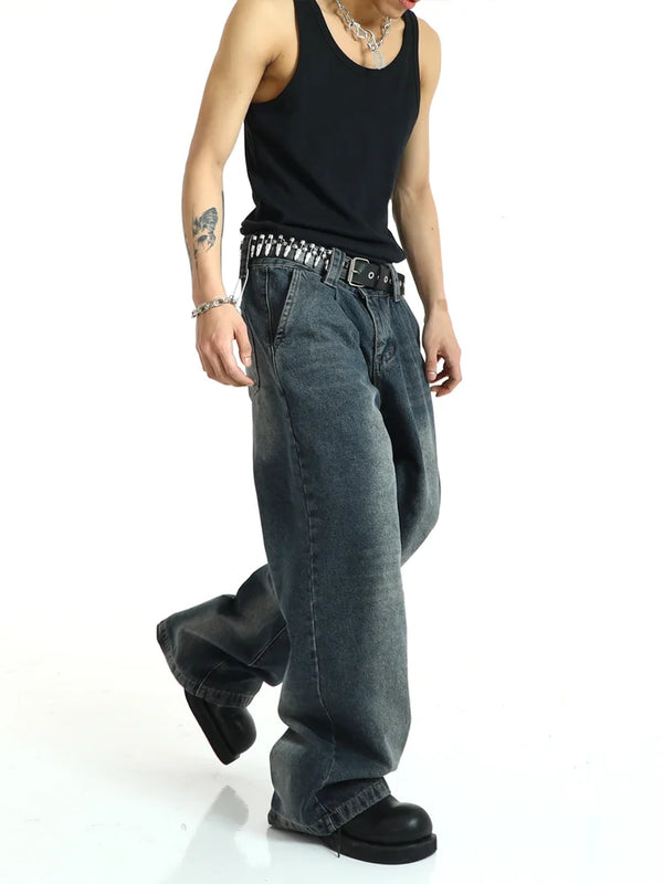 mens high street loose denim jeans unisex casual straight zipper jeans hip hop streetwear casual wide legs joggers baggy jeans urban active pants
