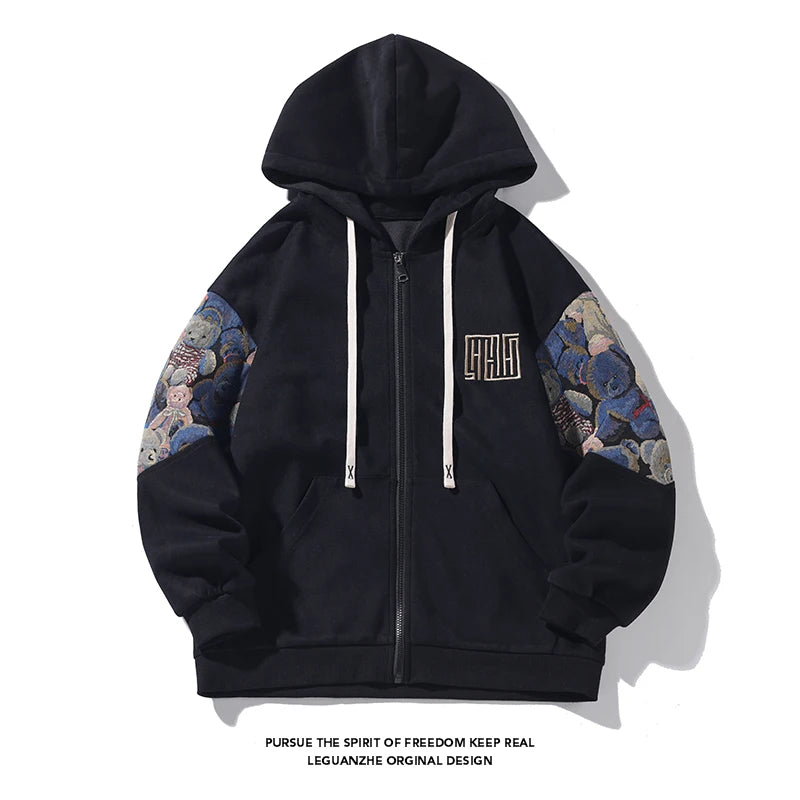 Spring Autumn New Mens Hoodies Embroidered Patterns Loose Fashion Kore