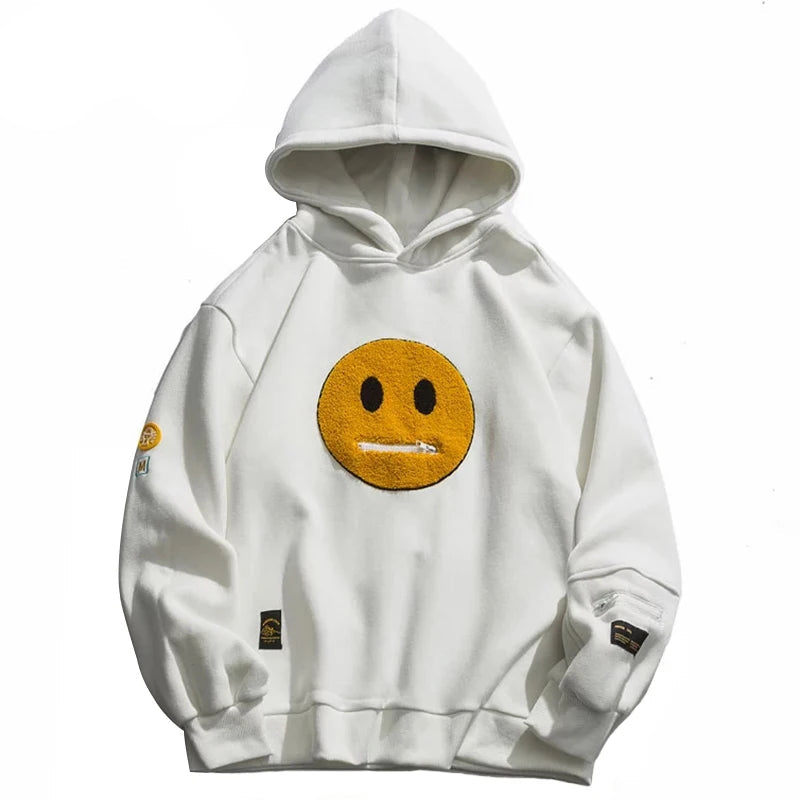Men Hip Hop Hoodie Streetwear Sweatshirt Zipper Pocket Patches Hoodie 2023 Harajuku Cotton Fleece Hooded Pullover Grey White