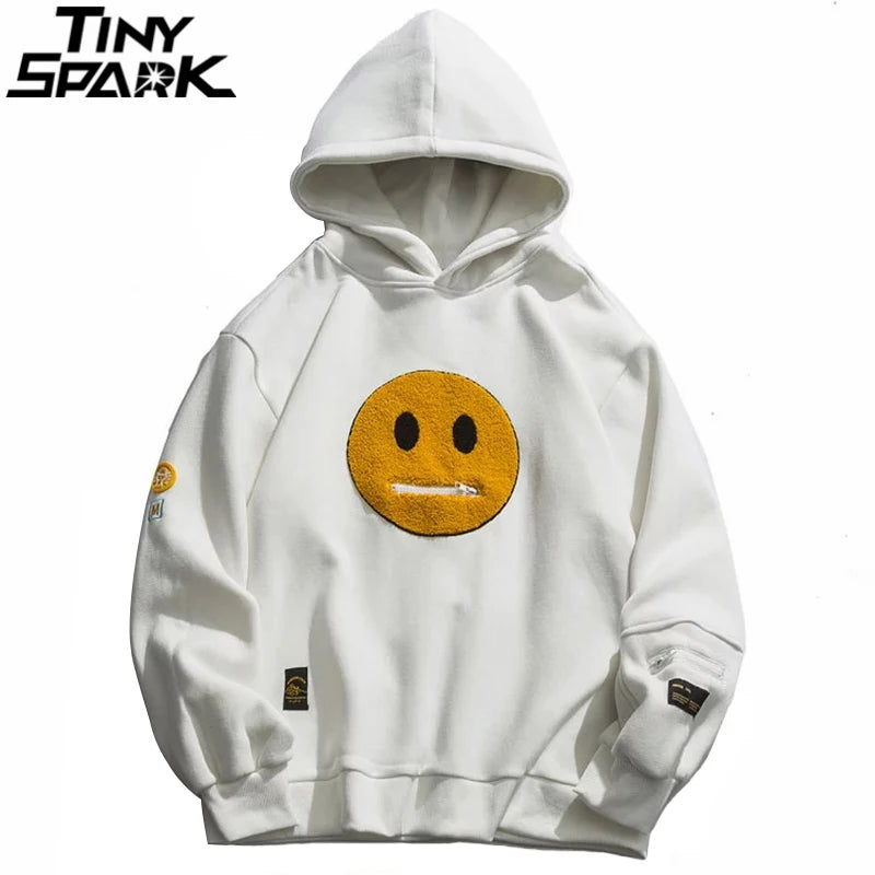 Men Hip Hop Hoodie Streetwear Sweatshirt Zipper Pocket Patches Hoodie 2023 Harajuku Cotton Fleece Hooded Pullover Grey White