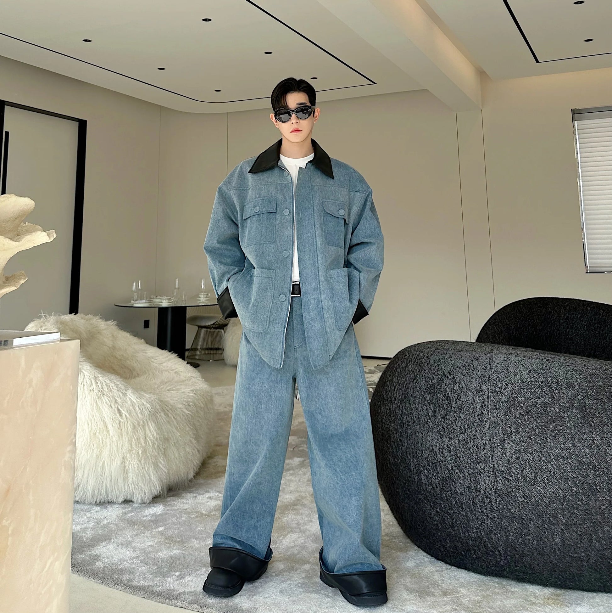 fashion show suits men streetwear washed denim splice loose casual jacket wide leg jeans pants 2 piece sets coat trousers suits unique jeans style 2743