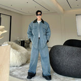 fashion show suits men streetwear washed denim splice loose casual jacket wide leg jeans pants 2 piece sets coat trousers suits unique jeans style 2743