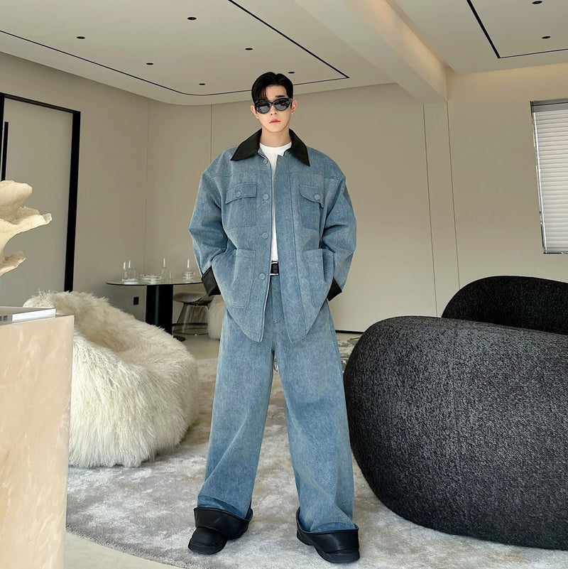 fashion show suits men streetwear washed denim splice loose casual jacket wide leg jeans pants 2 piece sets coat trousers suits unique jeans style 2743