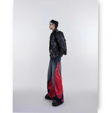 y2k retro washed splicing jeans for men new hip hop punk pu leather baggy jeans straight casual black denim trousers streetwear unique jeans style 664