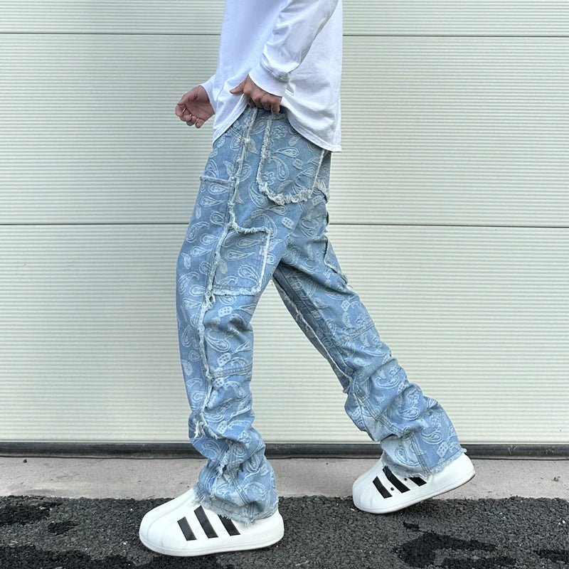 men distressed ripped patchwork paisley denim jean trouser fashion zipper biker jeans streetwear flare pants loose joggers jeans unique joggers style 5029