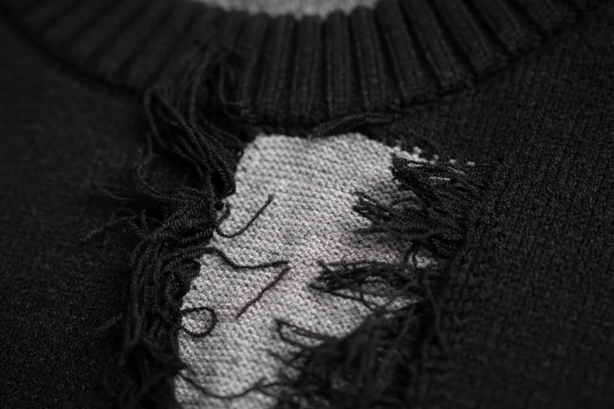 hip hop knitted oversized sweater mens ripped tassel holes pullover streetwear unisex new casual loose sweaters jumpers knitwear - Y2K grunge street style, urban fashion pullover, anime inspired graphic hoodie