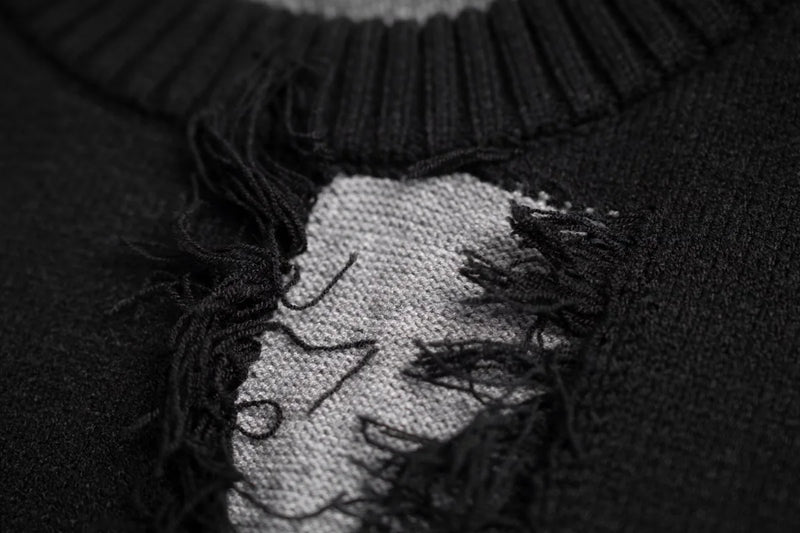 hip hop knitted oversized sweater mens ripped tassel holes pullover streetwear unisex new casual loose sweaters jumpers knitwear - Y2K grunge street style, urban fashion pullover, anime inspired graphic hoodie