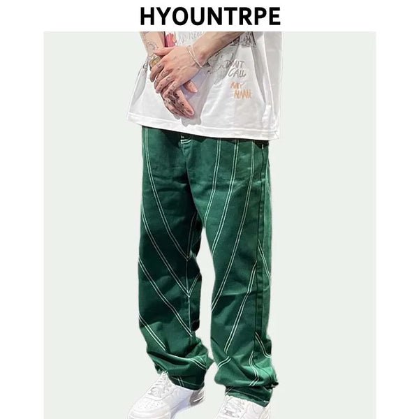 fashion design lines denim jeans mens zipper loose straight trousers hip hop new casual streetwear pants joggers baggy jeans sporty tapered joggers