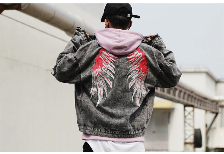 back wing embroidery denim jacket coat mens fashion hip hop harajuku jean coats outerwear casual streetwear jeans baggy jacke - variant style 24f558 for streetwear fashion