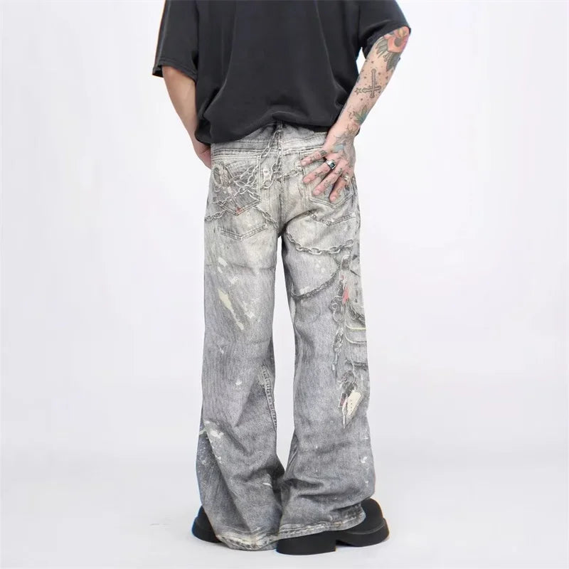 new 3d chain printed baggy jeans for men and women casual baggy straight denim pants high street wide leg y2k blue jean stacked flare jeans