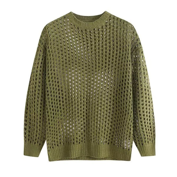 Casual Pullovers Hollow Out Outfits Fishnet Smock Tops Men Fashion Loose Long Sleeve See-though Knit Shirts Y2k Sexy Holes Shirt