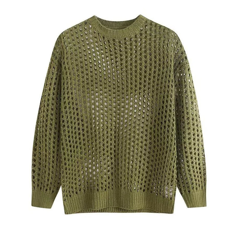 Casual Pullovers Hollow Out Outfits Fishnet Smock Tops Men Fashion Loose Long Sleeve See-though Knit Shirts Y2k Sexy Holes Shirt