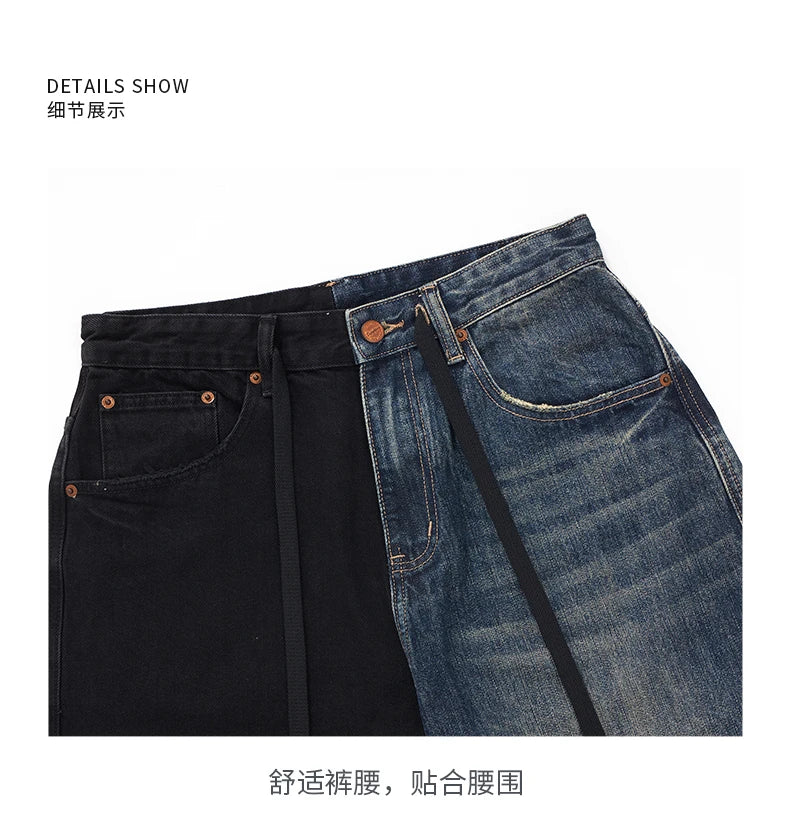 men streetwear fashion black blue splice hip hop loose casual wide leg straight baggy jeans pant cityboy jeans pants trousers unique jeans style 2648