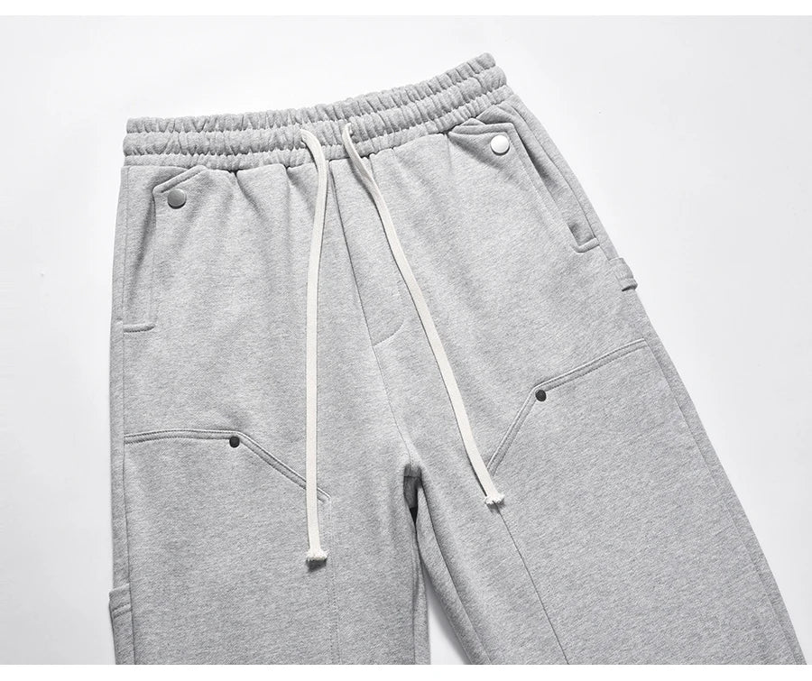 american streetwear gray flared sweatpant men double knee patch micro flare overalls harajuku casual patchwork sweat pants black unique joggers style 2962