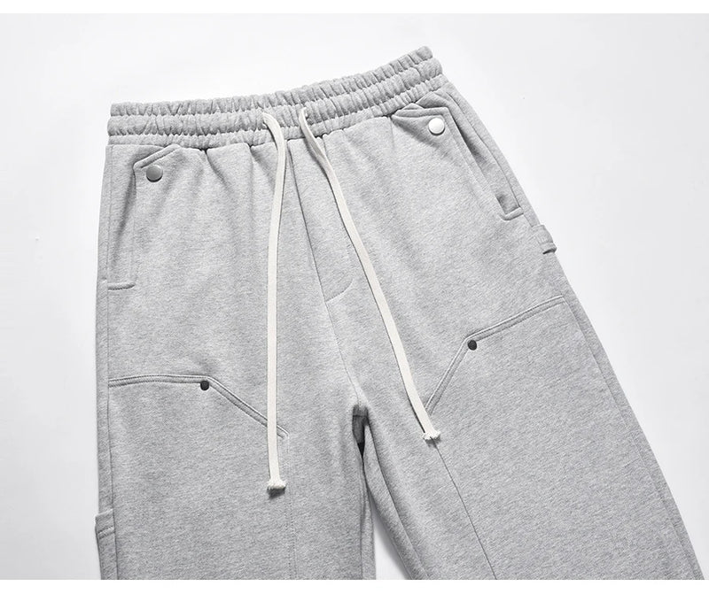 american streetwear gray flared sweatpant men double knee patch micro flare overalls harajuku casual patchwork sweat pants black unique joggers style 2962