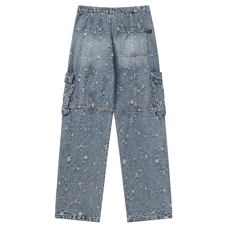 distressed ripped vintage blue baggy jeans men multi pocket cargo jeans casual loose denim pants streetwear harajuku jeans unique cargo style 5764
