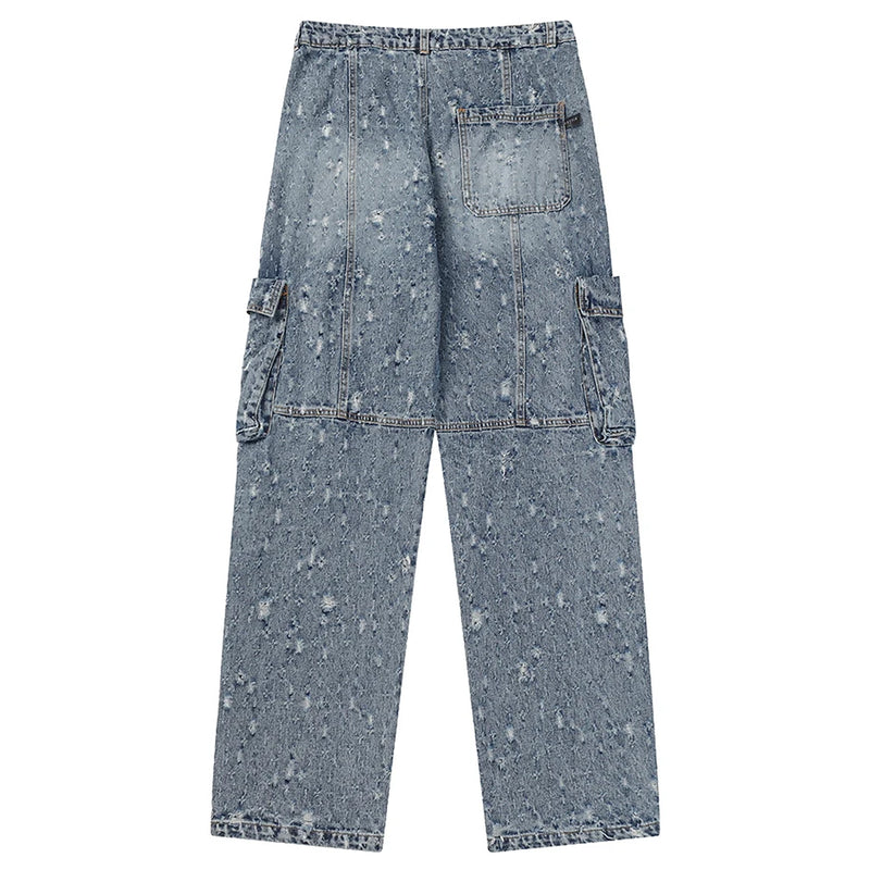 distressed ripped vintage blue baggy jeans men multi pocket cargo jeans casual loose denim pants streetwear harajuku jeans unique cargo style 5764