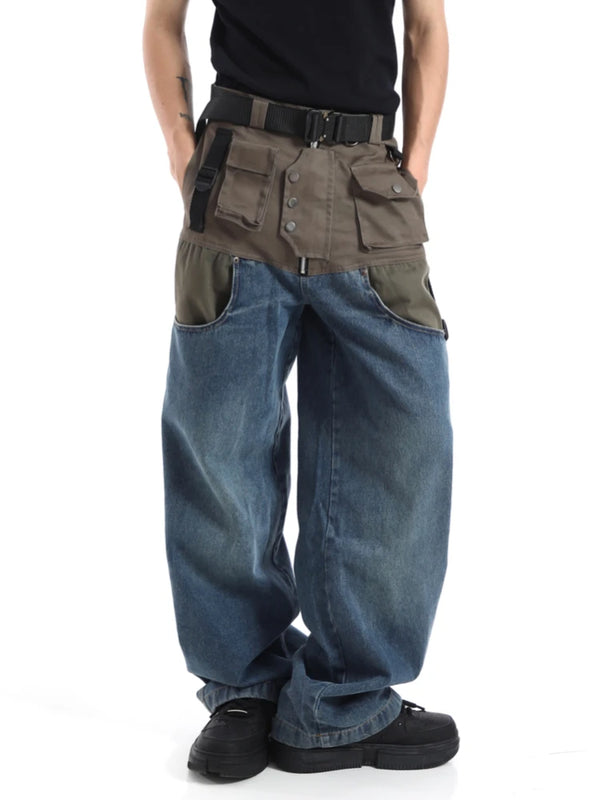 high street cargo pocket patchwork denim jeans pants unisex fashion loose wide leg straight functional tactics pants joggers men casual joggers