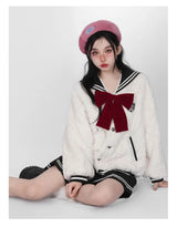 Harajuku Sweet Thicknecked Bow College Coat Woman Zip Up Hoodie Sailor