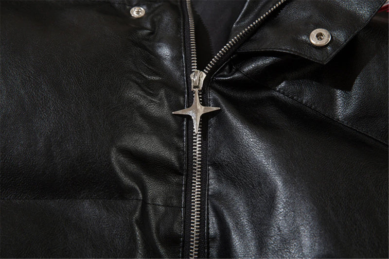 Men Waterproof Warm Jacket Winter Vintage PU Leather Parkas Embroidery Letter Thick Padded Coat Streetwear Hip Hop Loose Parka