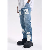 Frog drift Fashion Streetwear High Street REMAKE y2k Straight Stickers Blue Denim Jeans Trousers for men homme