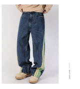 men streetwear fashion side splice hip hop loose casual wide leg straight baggy jeans pant cityboy jeans pants trousers unique jeans style 2612
