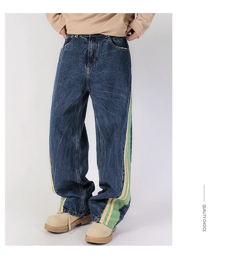 men streetwear fashion side splice hip hop loose casual wide leg straight baggy jeans pant cityboy jeans pants trousers unique jeans style 2612