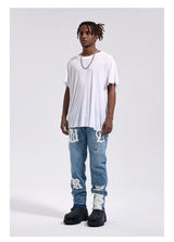 Frog drift Fashion Streetwear High Street REMAKE y2k Straight Stickers Blue Denim Jeans Trousers for men homme