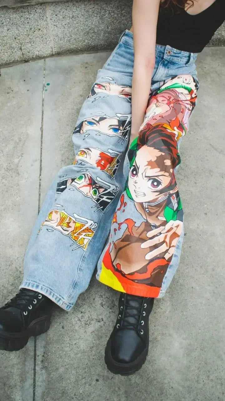 harajuku sunny sexy girl anime print baggy jeans new style wide leg trouser y2k popular streetwear men women high waist pants unique jeans style 5487