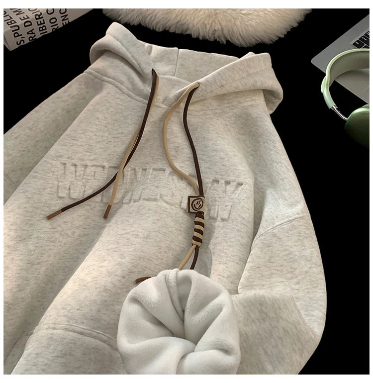 Embossed Letters Casual Hooded Sweatshirt Basic Colours Drawstring Cla