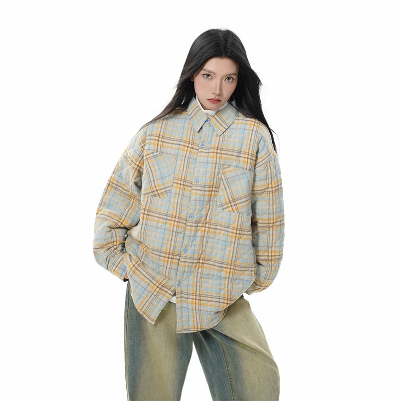 Autumn Winter Men Streetwear Fashion Loose Casual Oversize Plaid Cotton-padded Shirt Style Parkas Jacket Campus Couple Coat