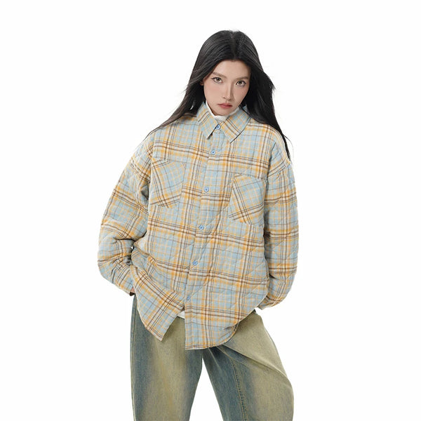 Autumn Winter Men Streetwear Fashion Loose Casual Oversize Plaid Cotton-padded Shirt Style Parkas Jacket Campus Couple Coat