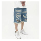 Mens Fashion Denim Jean Shorts Summer Casual Destroyed Ripped Destressed Holes Loose Shorts Hip Hop Streetwear Shorts Joggers
