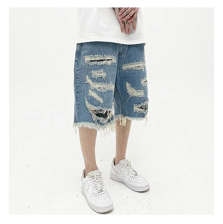 Mens Fashion Denim Jean Shorts Summer Casual Destroyed Ripped Destressed Holes Loose Shorts Hip Hop Streetwear Shorts Joggers