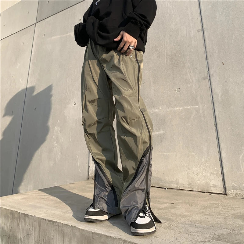 mens high street loose pants casual zipper open patchwork straight trousers pants hip hop new fashion streetwear jogging pants unique default style 1813