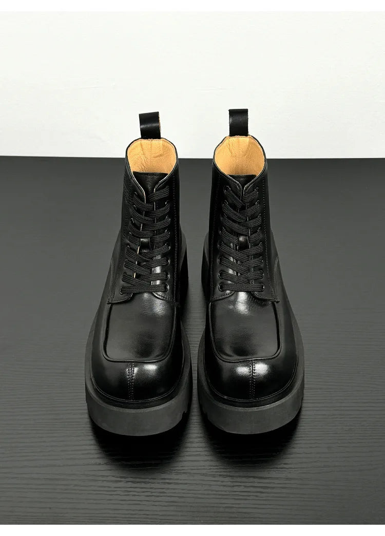 Men's Genuine Leather High Sole Platform Streetwear Fashion Casual Increase Boots Male Punk Gothic Rock Motorcycle Boots Shoes
