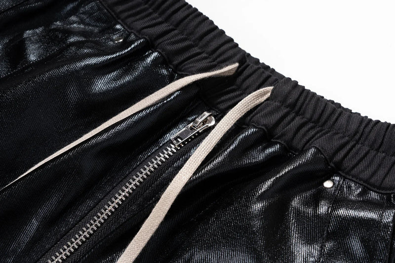 ro style glossy black pu leather pants for men high street y2k pantalones hombre baggy overall wide leg drawstring cargos unique cargo style 5649