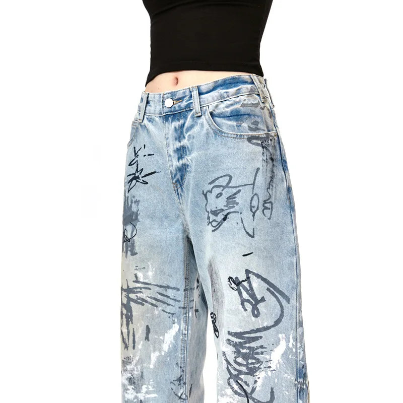men baggy jeans graffiti printed loose straight denim pants luxury designer jeans male streetwear hip hop jeans trousers y2k ripped baggy denim