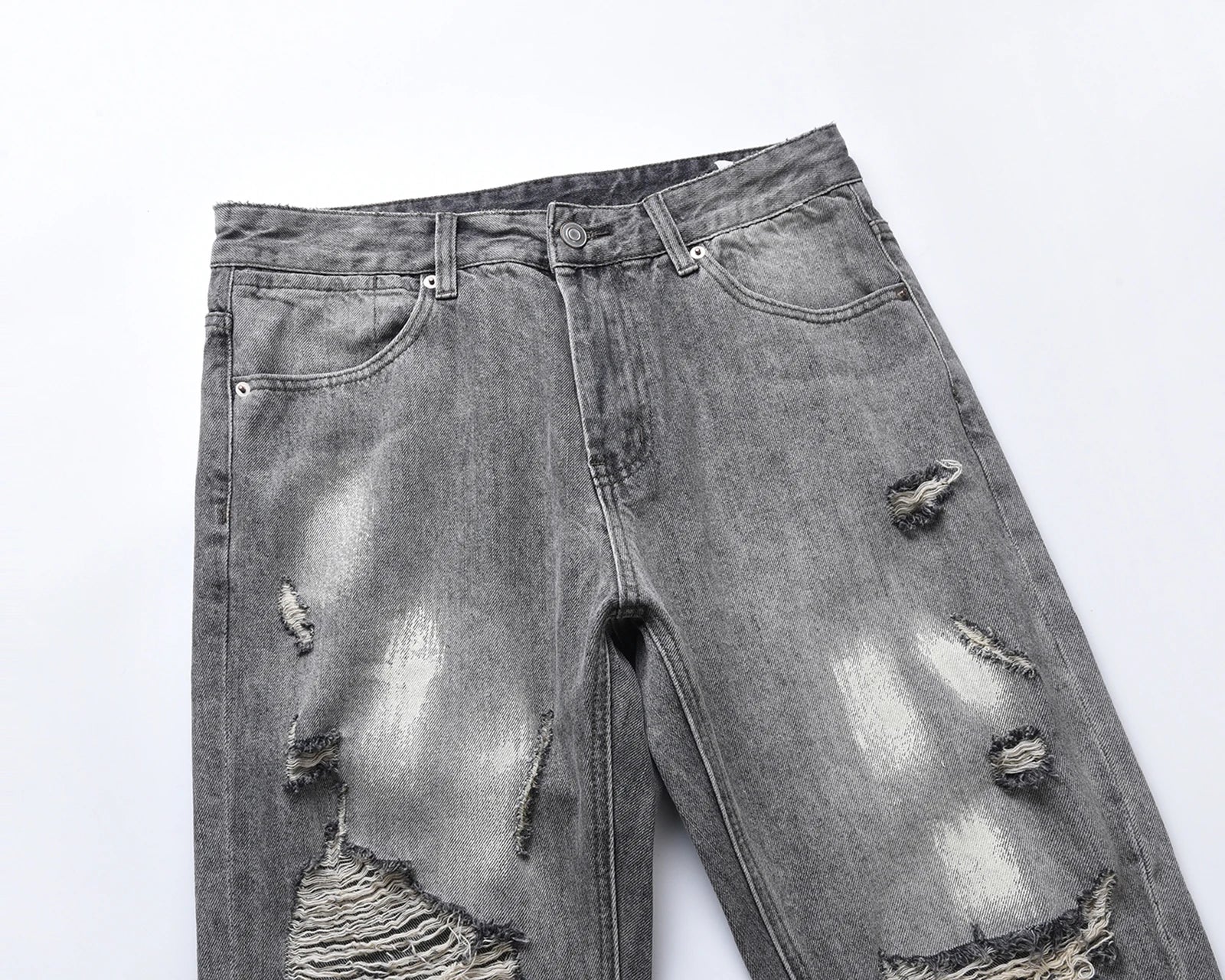 distreesed frayed painted casual baggy jeans for men ripped streetwear washed gray denim trousers oversized unisex hole cargos utility cargo pants