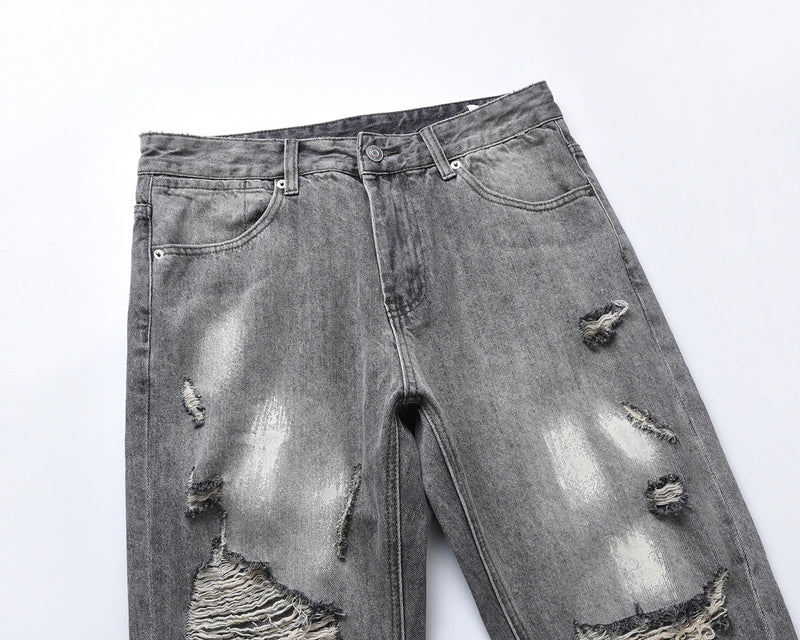 distreesed frayed painted casual baggy jeans for men ripped streetwear washed gray denim trousers oversized unisex hole cargos utility cargo pants