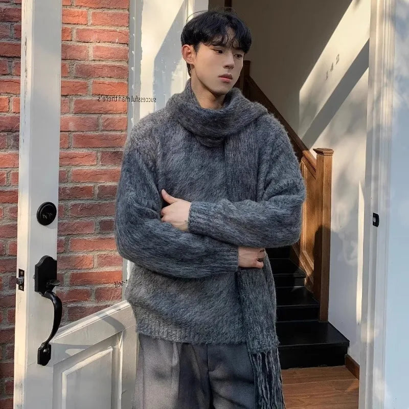 varsity flame knitwear, statement sweater, cozy knitwear for men, oversized grunge aesthetic winter top