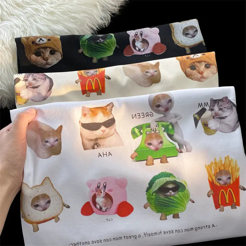 Y2K Graphic Tee – Korean Brand Cute Cats Sticker Printed T Shirts Short Sleeve – Modern Streetwear for Everyone