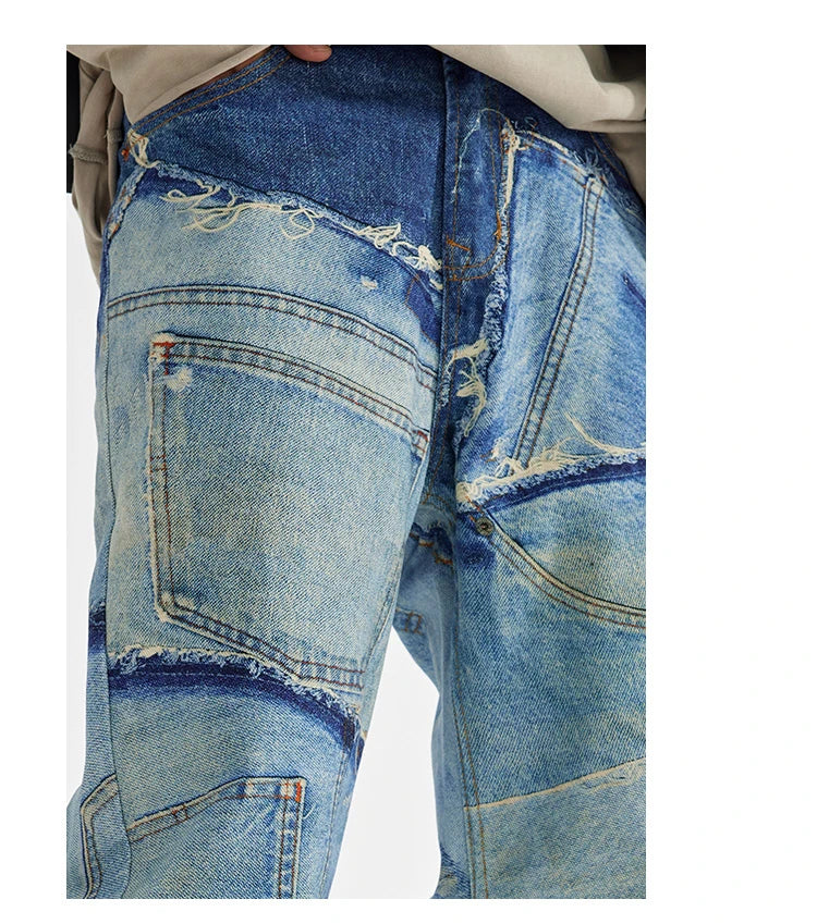 fashion fake patchwork printed denim jeans mens new casual zipper straight loose jeans streetwear hip hop baggy pants joggers unique joggers style 2425