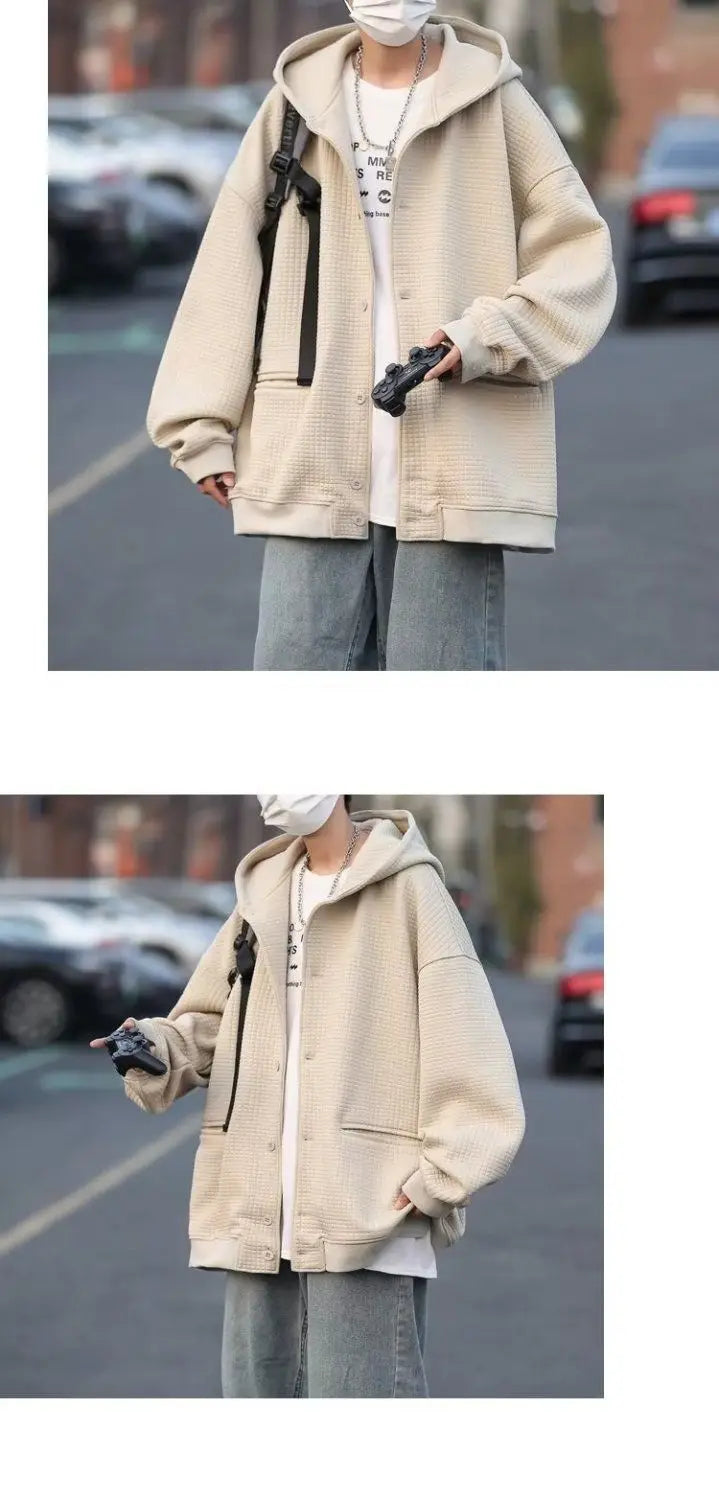 Korean Retro Y2K Waffle Hooded Jacket for Men and Women Ins Harajuku Style Casual Loose Couple Wear Cardigan Sweatshirt