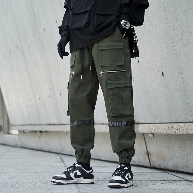 mens side pockets cargo pants elastic waist trousers streetwear hip hop loose fit ankle drawstring military sweatpants joggers unique joggers style 4668