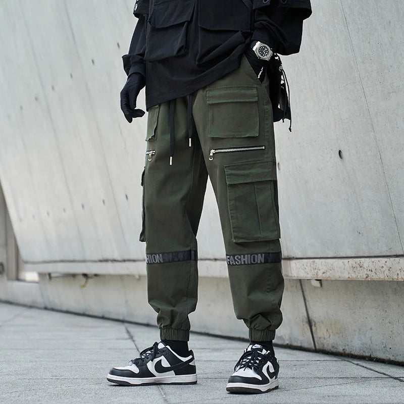 mens side pockets cargo pants elastic waist trousers streetwear hip hop loose fit ankle drawstring military sweatpants joggers relaxed fit joggers