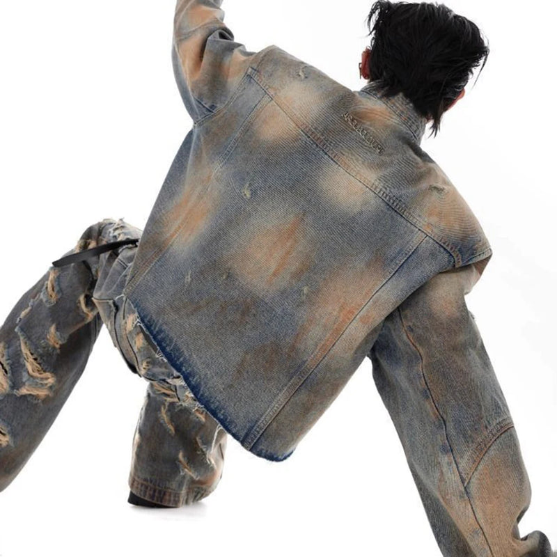 mens denim jacket jeans wilderness construction site style distressed washed holes street wear fashion versatile mens wear 2024 vintage washed jeans