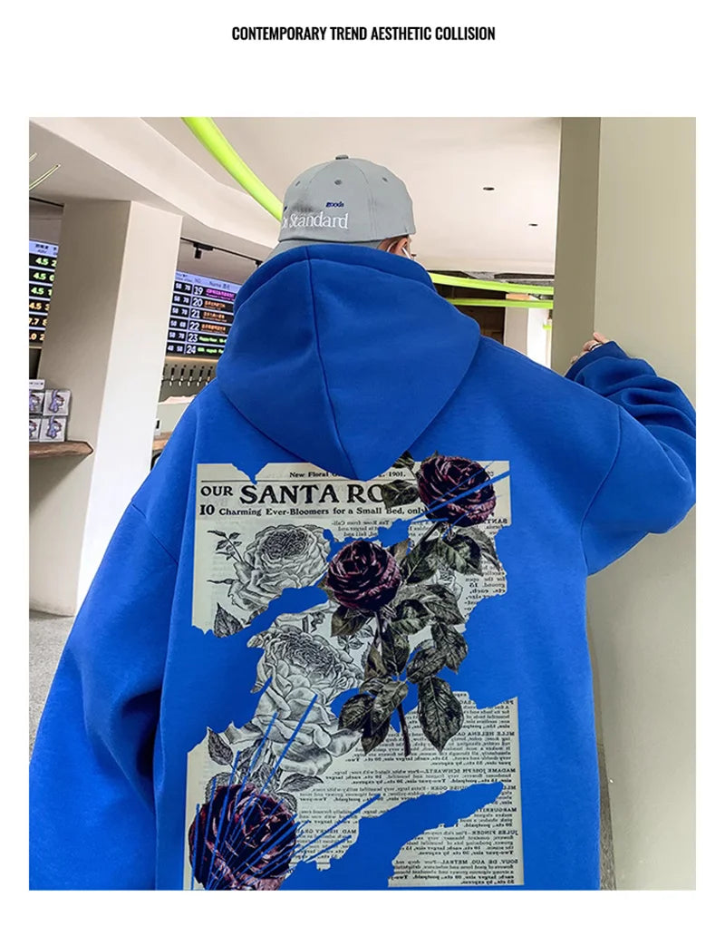 Y2K Vintage Rose Graphic Print Hoodies For Men Goth Fashion Streetwear Clothes Casual Fleece Hip Hop Loose Pullover Sweatshirts
