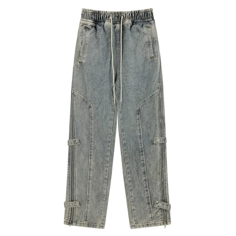 side long zipper open denim jeans mens elastic waist straight biker trousers jeans fashion streetwear hip hop jean pants joggers streetwear sweatpants