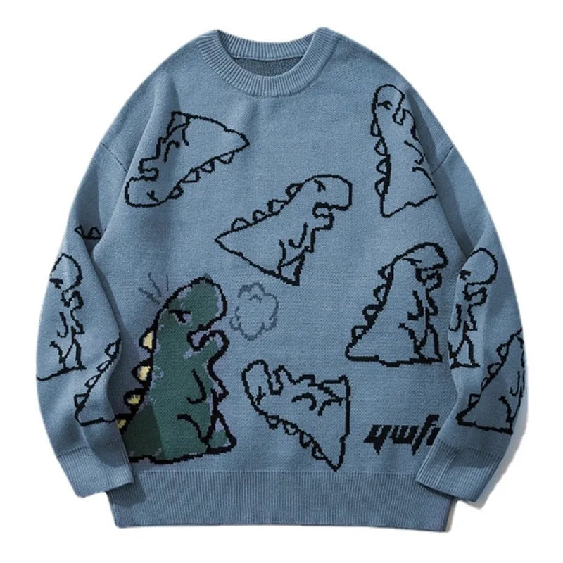 fashion knitted sweater autumn winter o neck dinosaur pattern pullover streetwear unisex casual loose sweaters jumper knitwears oversized graphic print design, streetwear fashion hoodie, unique limited edition hoodie